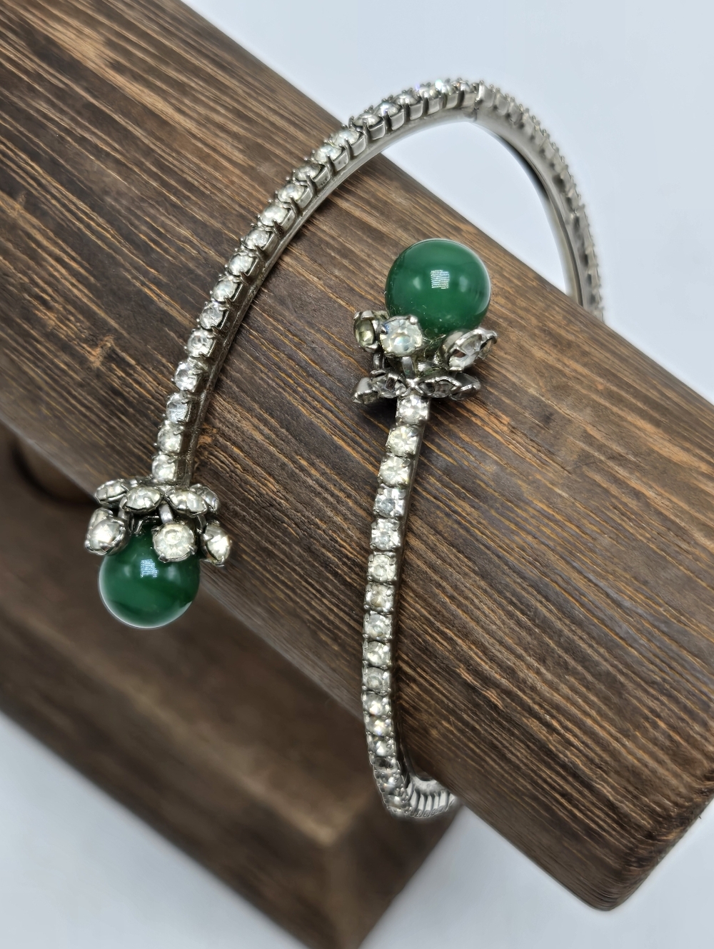 50's Rhinestone Green Glass Bangle Bracelet Cuff Style Metal Costume Fashion VTG